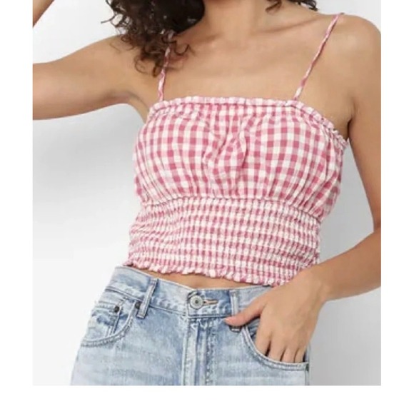 American Eagle Outfitters Tops - AE Pink Gingham Smocked Cami Crop Top Checkered Ruffle Spaghetti Strap Tank